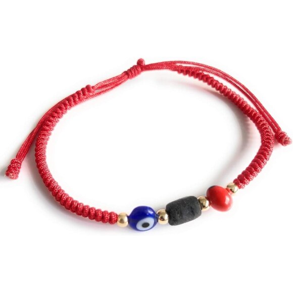 Powerful Prosperity Red Unisex Evil Eye Bracelet with Genuine Jet and Gold-Plate - Picture 5 of 6